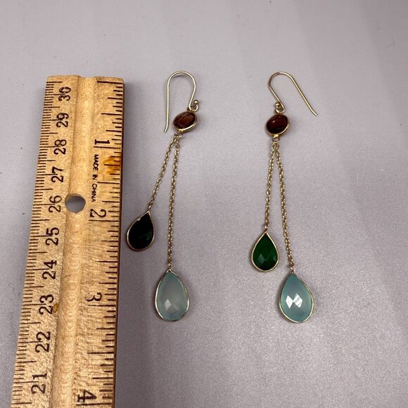 925 Sterling Silver Green & Brown Crystal Stones Linear Teardrop Hook Earrings - Picture 2 of 5